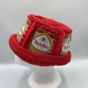 Vintage 1970's Crochet Heidelberg Beer Can Fedora Type Hat Bohemian Red